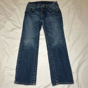 True Religion Blue Straight Leg Jeans with Distressed Details